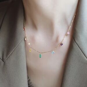 Gold Stainless Steel Rainbow Zirconia Dangle Charm Necklace Multi Color